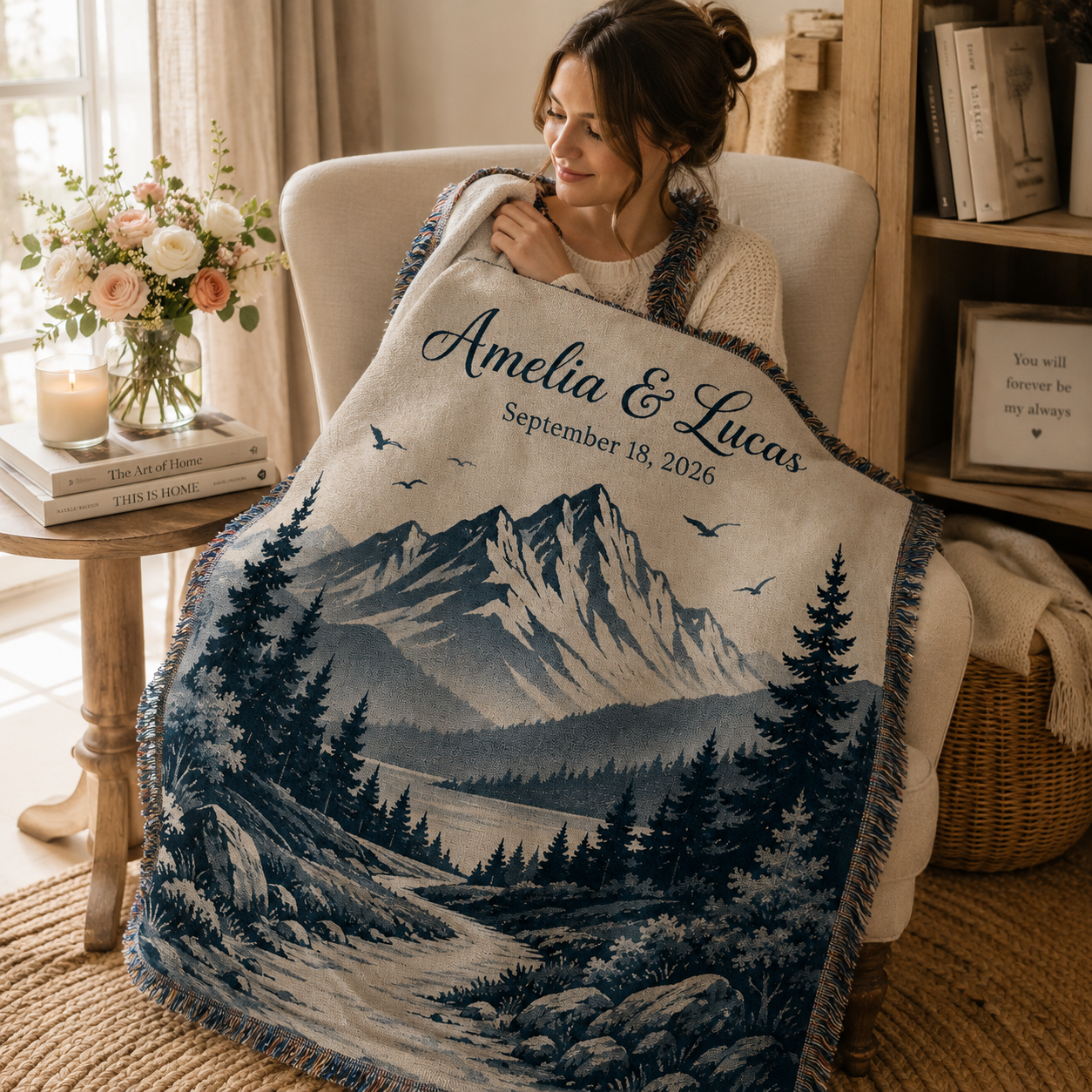 Personalized mountain wedding woven blanket used in a cozy reading nook