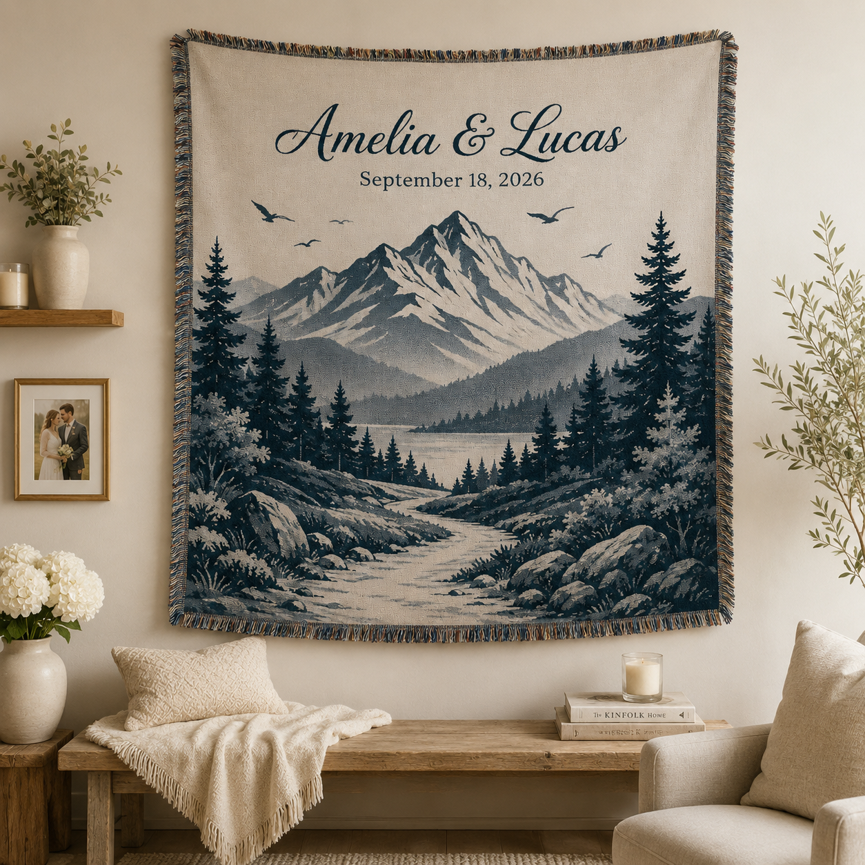 Personalized mountain wedding woven blanket displayed as romantic textile wall decor