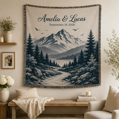 Personalized mountain wedding woven blanket displayed as romantic textile wall decor