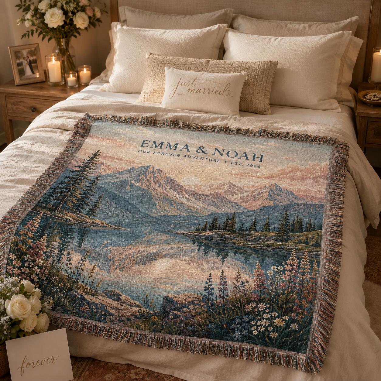 Personalized wedding woven blanket styled on a romantic neutral bedroom