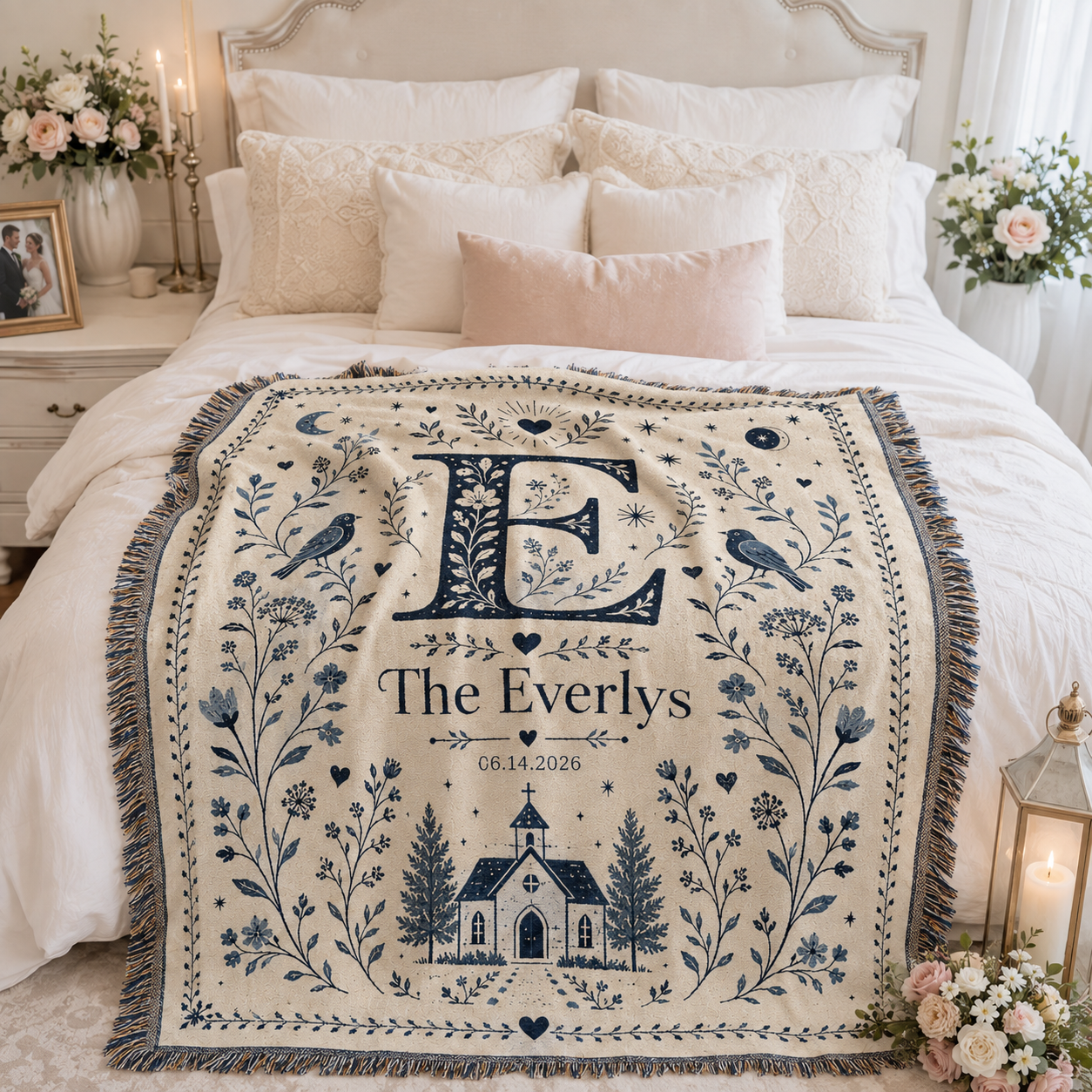 Personalized monogram wedding woven blanket styled across a romantic bedroom bed