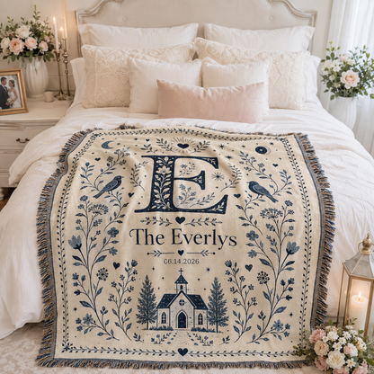 Personalized monogram wedding woven blanket styled across a romantic bedroom bed