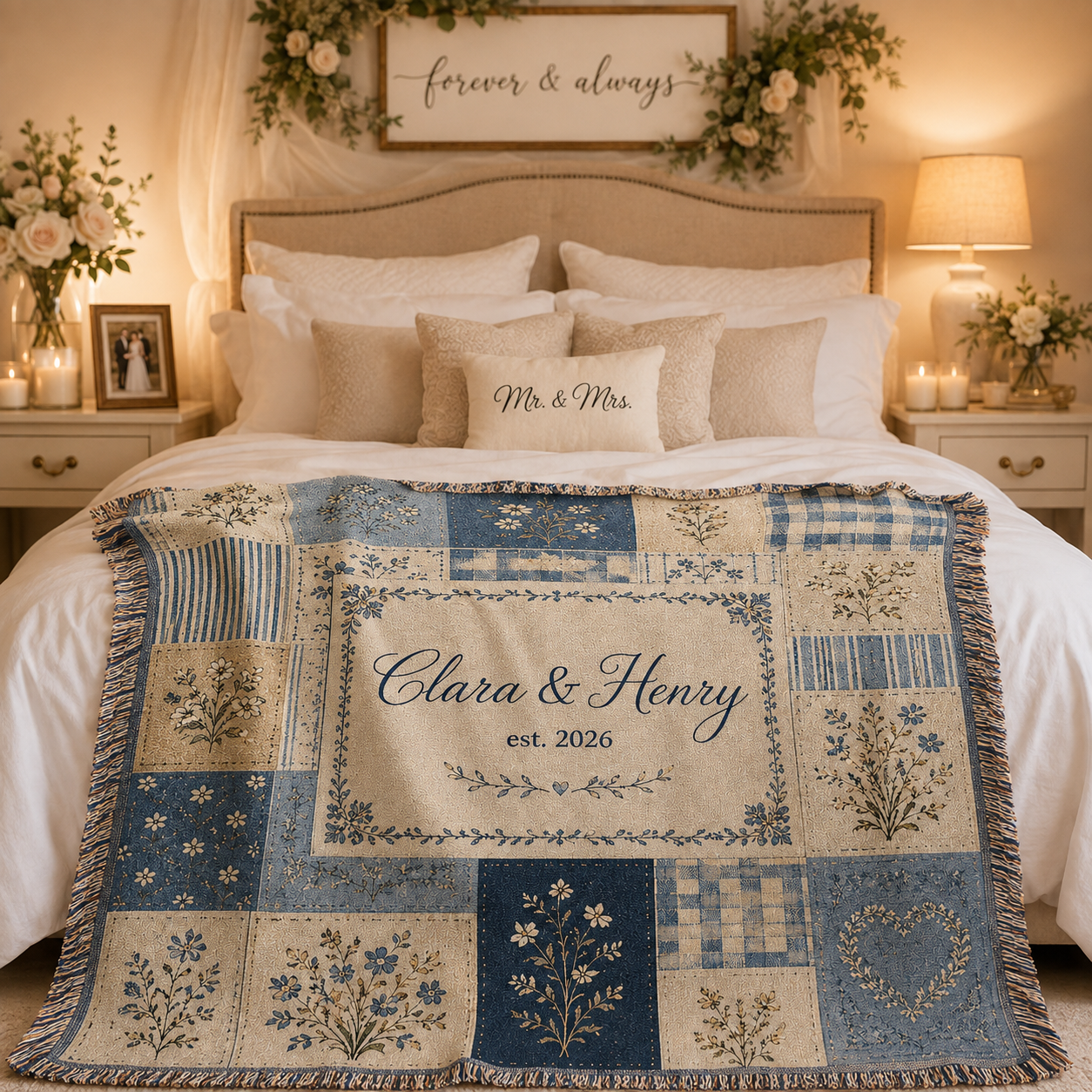 Personalized blue and cream patchwork wedding woven blanket styled across the foot of a romantic bedroom bed