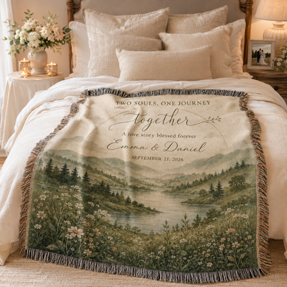 Personalized wedding woven blanket styled across the foot of a cozy neutral bedroom bed