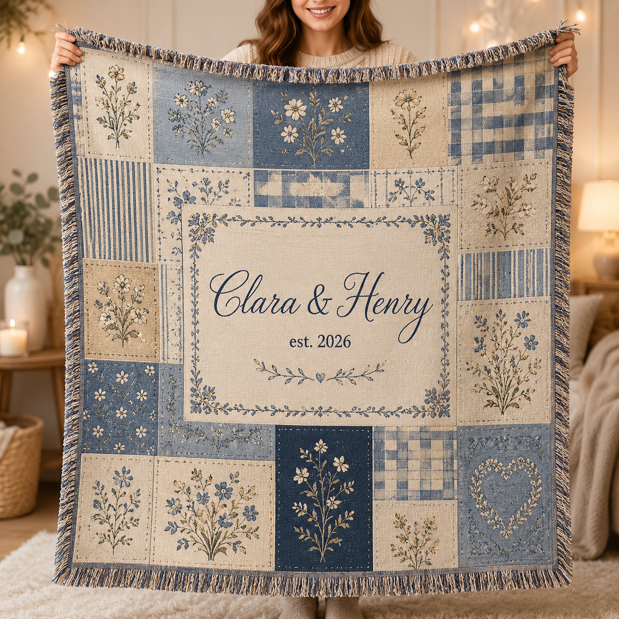 Personalized blue and cream floral patchwork wedding woven blanket with custom couple names and established year