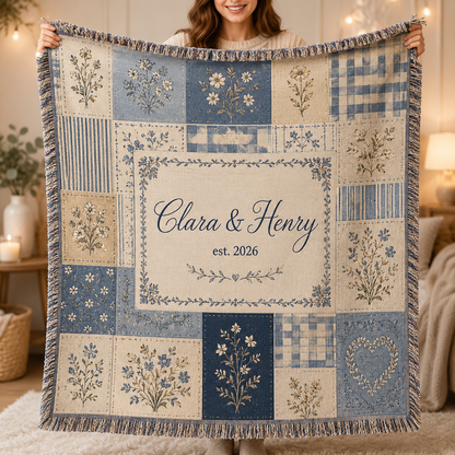 Personalized blue and cream floral patchwork wedding woven blanket with custom couple names and established year