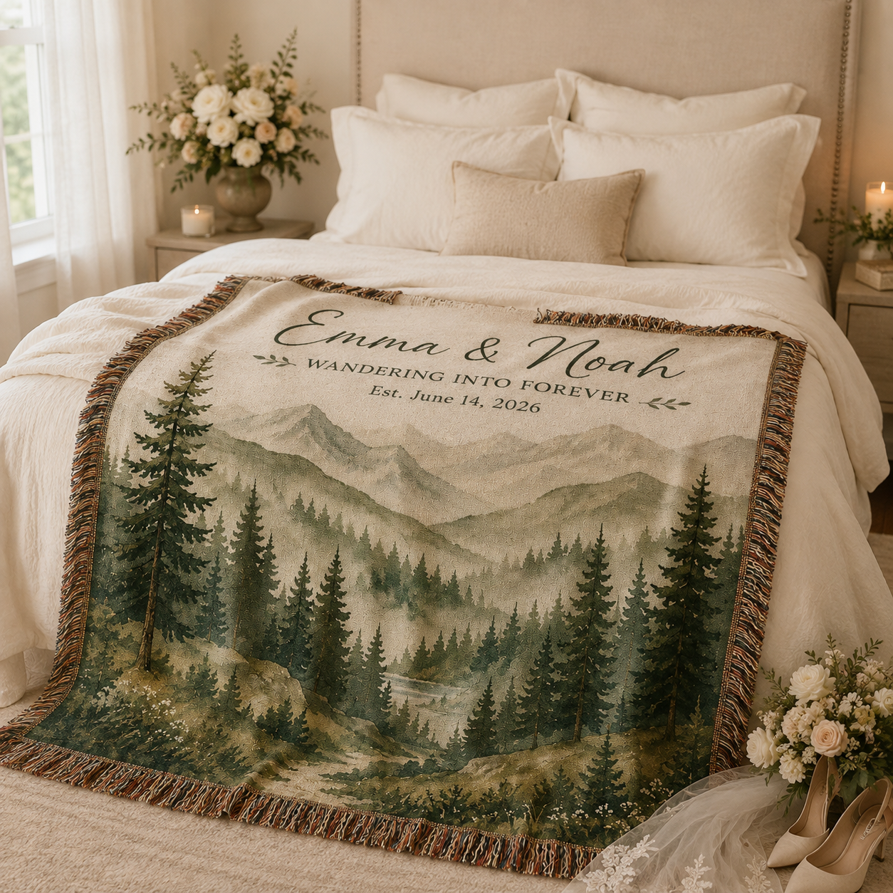Personalized mountain wedding woven blanket styled across a romantic bedroom bed