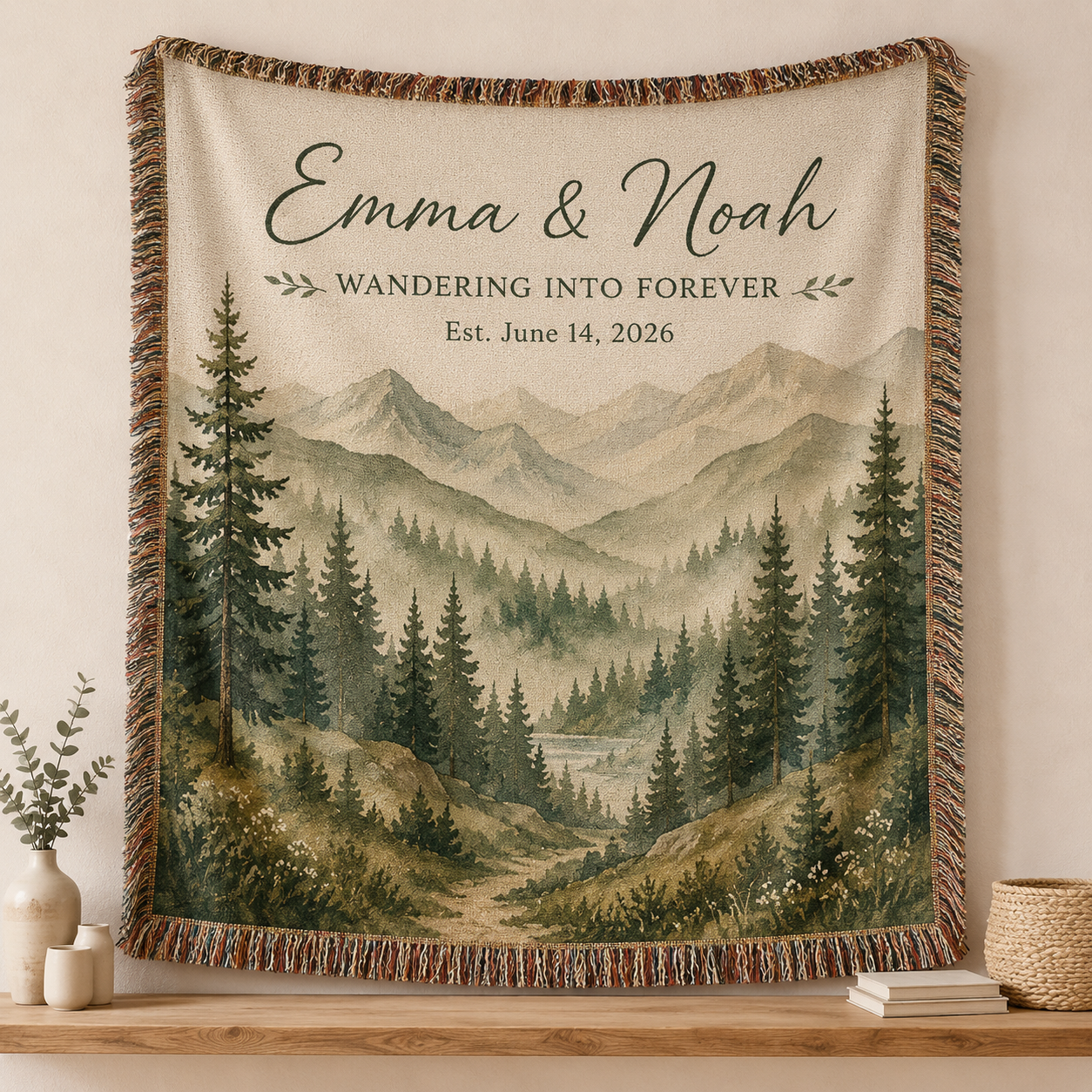 Personalized mountain wedding woven blanket with custom couple names and date