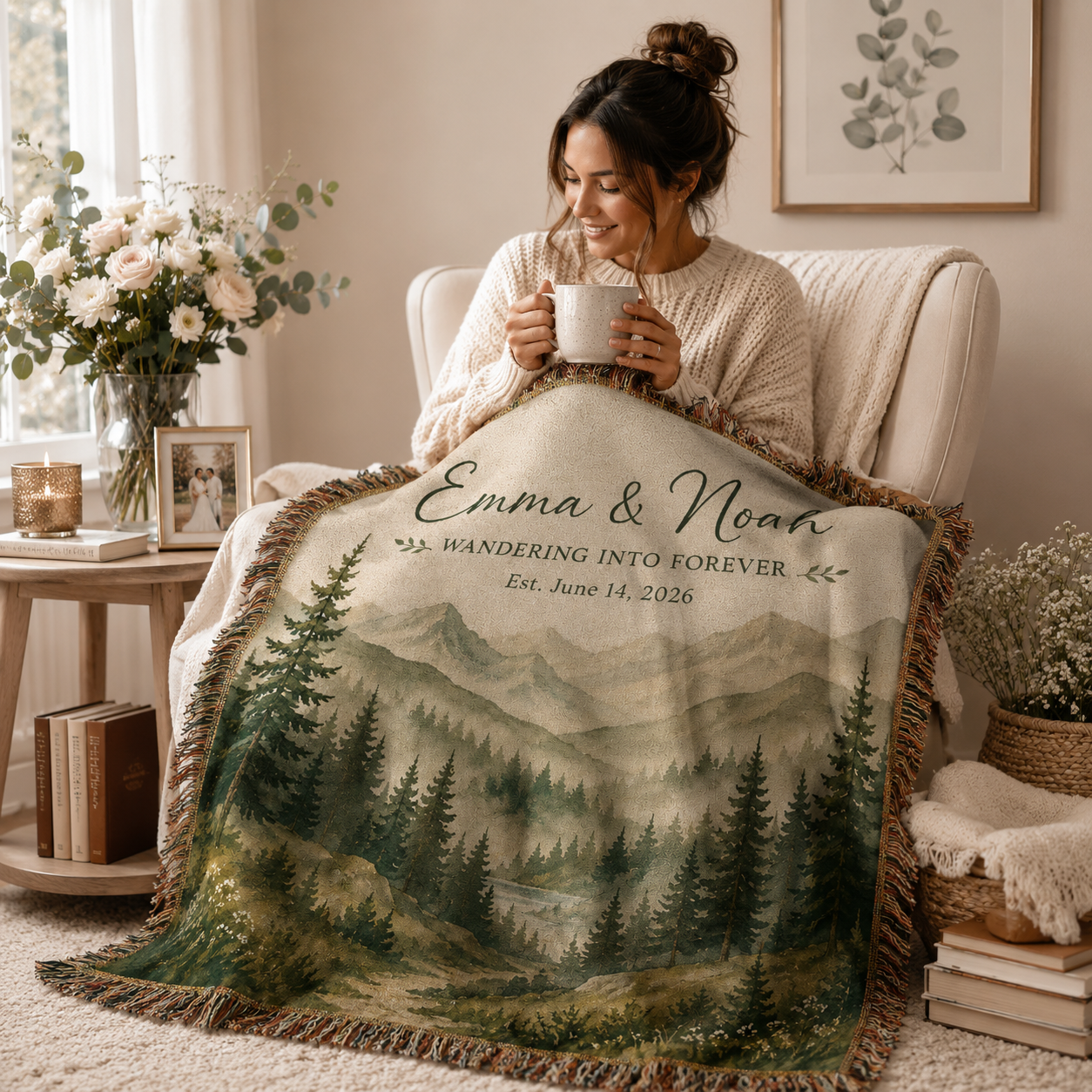 Personalized mountain wedding woven blanket used in a cozy reading nook