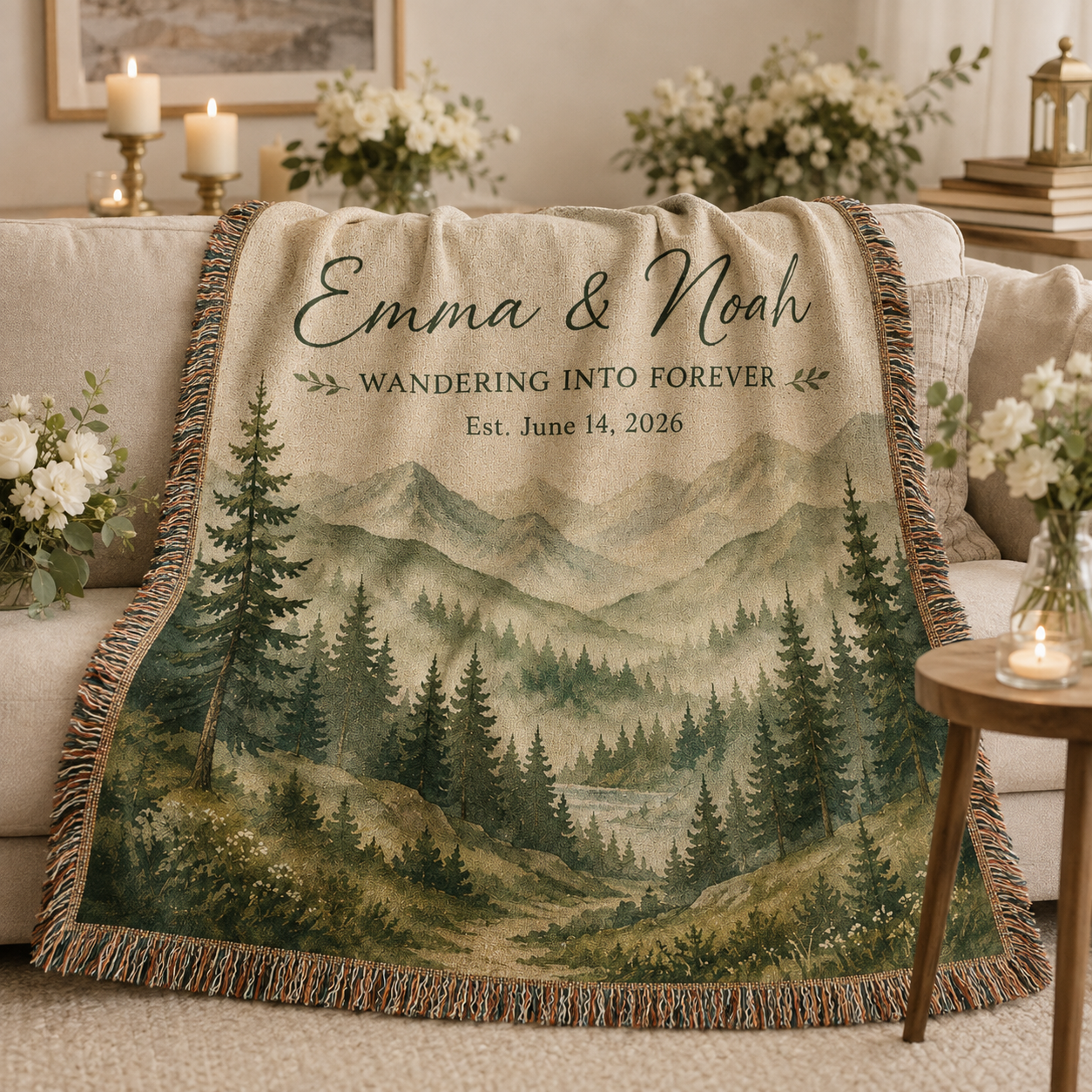 Personalized mountain wedding woven blanket softly draped on a neutral sofa