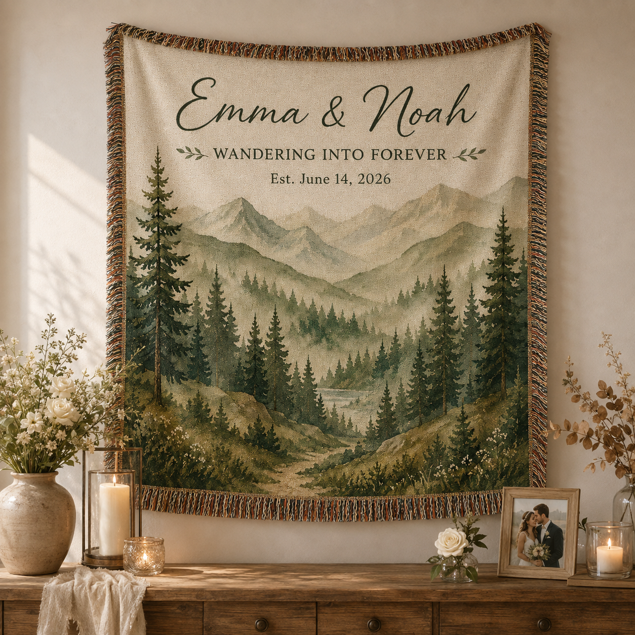 Personalized mountain wedding woven blanket displayed as romantic textile wall decor
