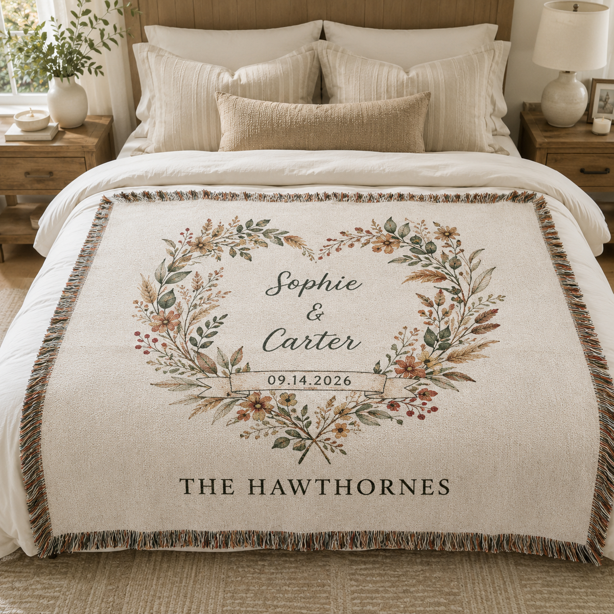 Personalized wedding woven blanket with couple names, wedding date and family name on a bed