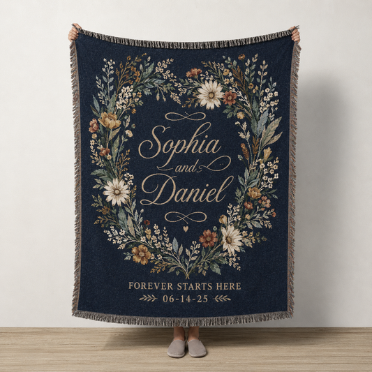 Personalized navy wedding woven blanket with floral wreath, couple names and wedding date