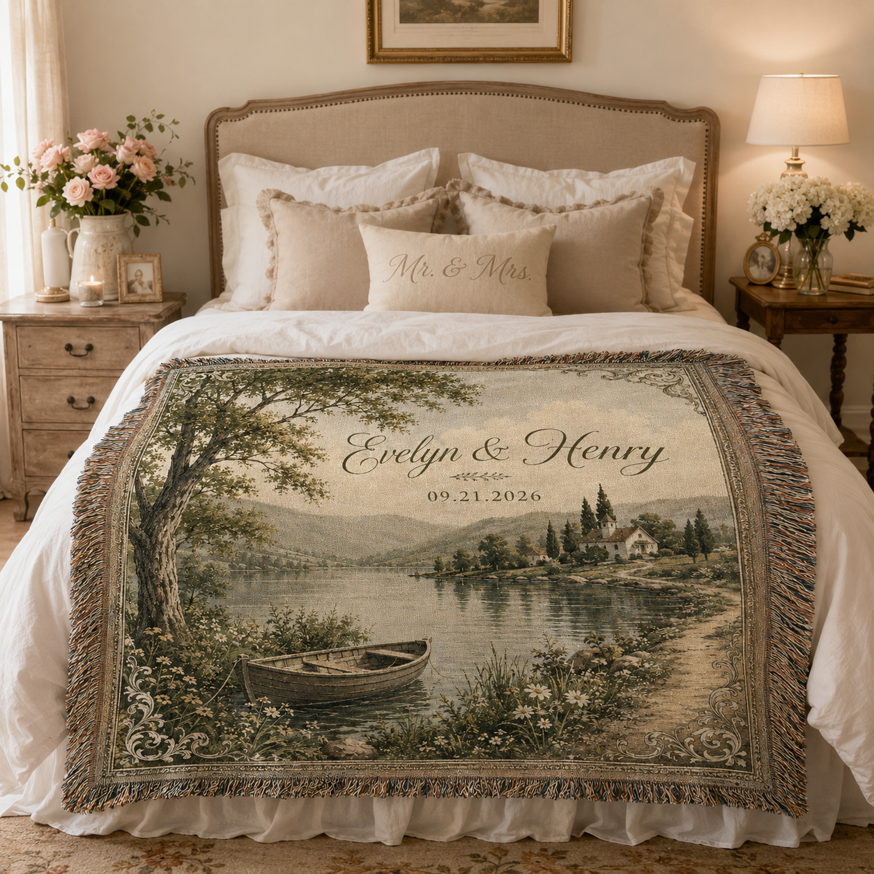Personalized wedding woven blanket styled across a romantic neutral bedroom bed with custom names and date