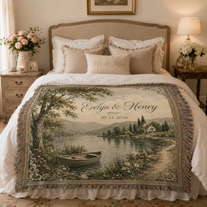 Personalized wedding woven blanket styled across a romantic neutral bedroom bed with custom names and date