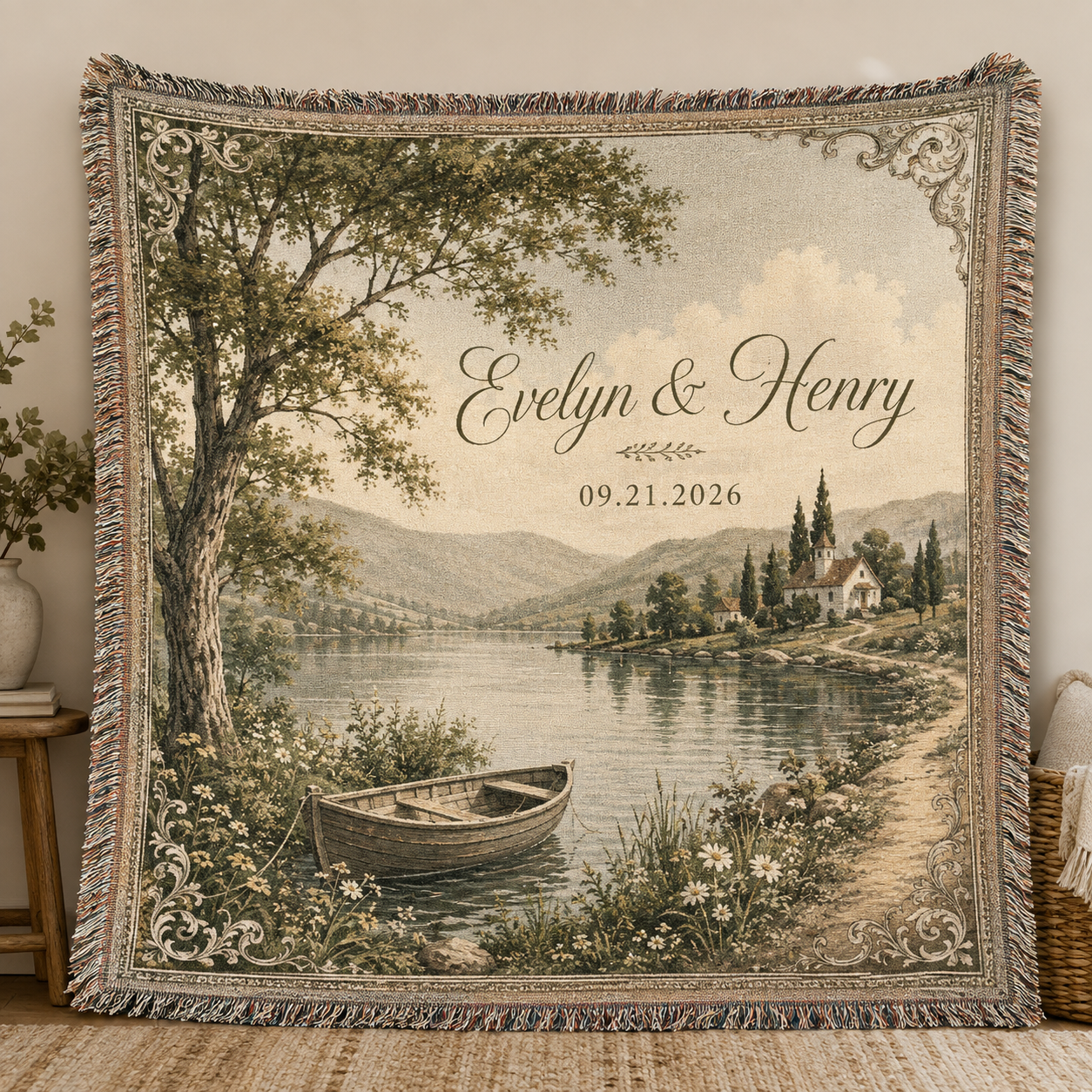 Personalized wedding woven blanket with custom couple names, wedding date, vintage lakeside rowboat and chapel artwork