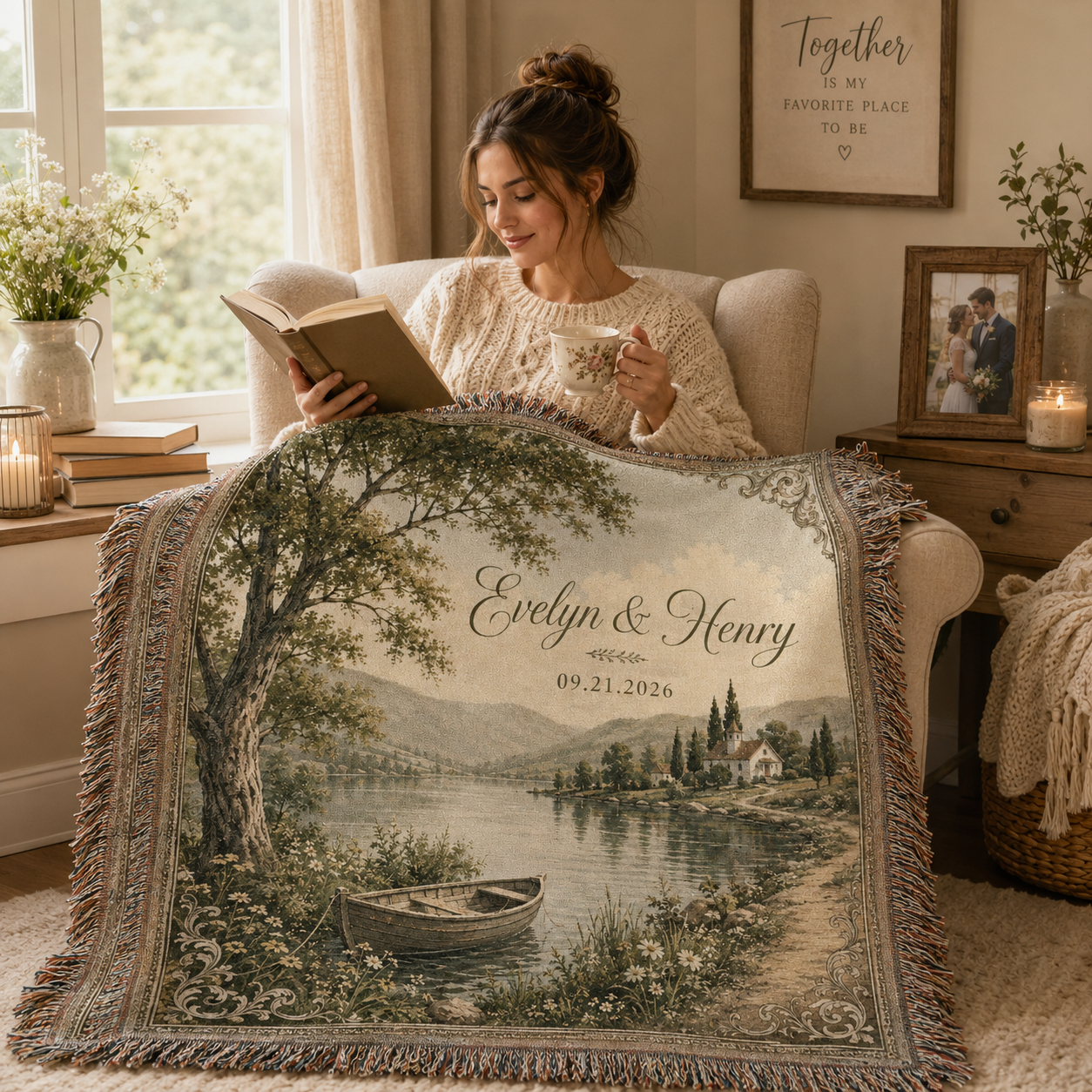 Woman reading in a cozy nook with personalized wedding woven blanket featuring custom names, date and lakeside artwork
