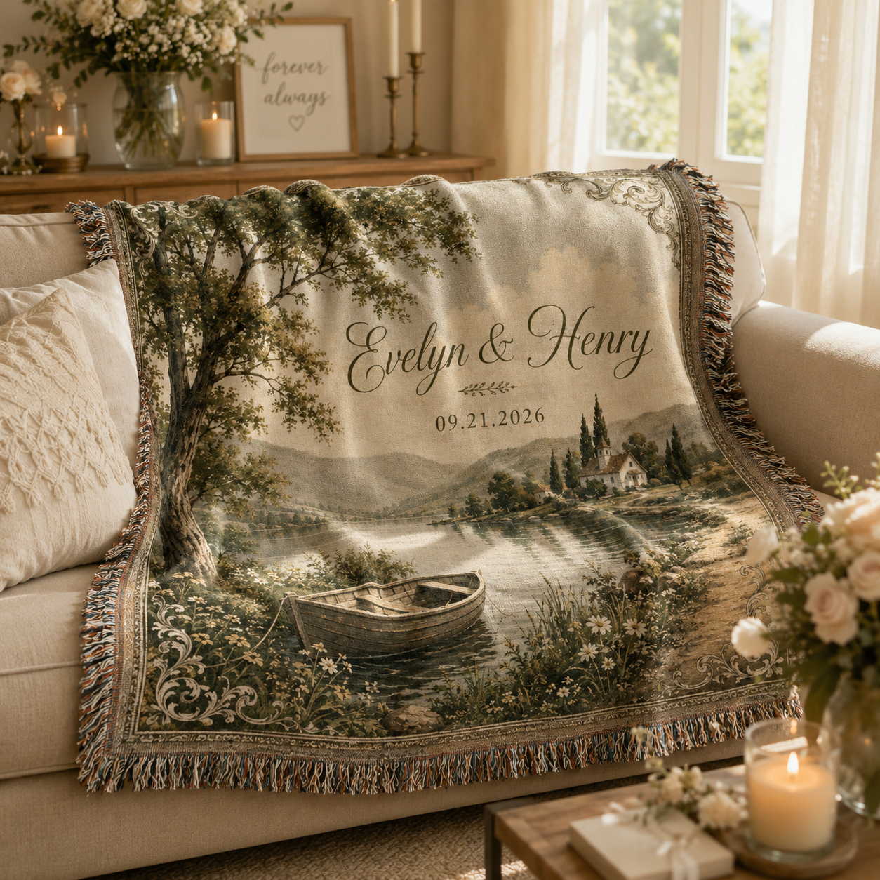 Soft personalized wedding woven blanket draped on a neutral sofa with romantic lakeside design and fringe