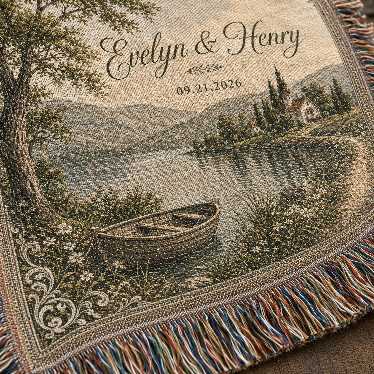 Macro close-up of woven texture and multicolor fringe on personalized wedding lakeside blanket