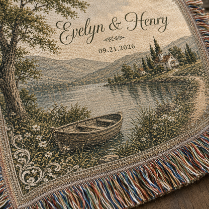 Macro close-up of woven texture and multicolor fringe on personalized wedding lakeside blanket