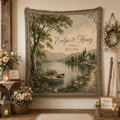 Personalized wedding woven blanket displayed as wall decor with vintage lakeside rowboat and chapel scene