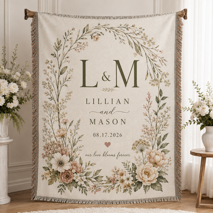 Personalized wedding woven blanket with L and M monogram, couple names, wedding date, and botanical floral design