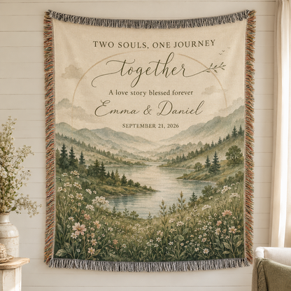 Personalized wedding woven blanket with mountain lake landscape, couple names and wedding date
