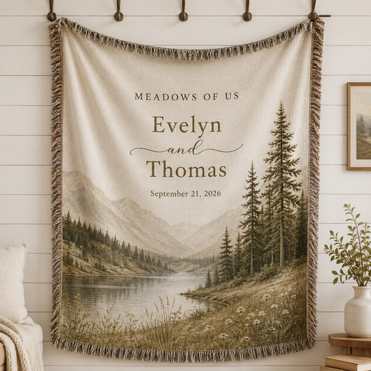 Personalized wedding woven blanket with custom couple names and mountain lake meadow design