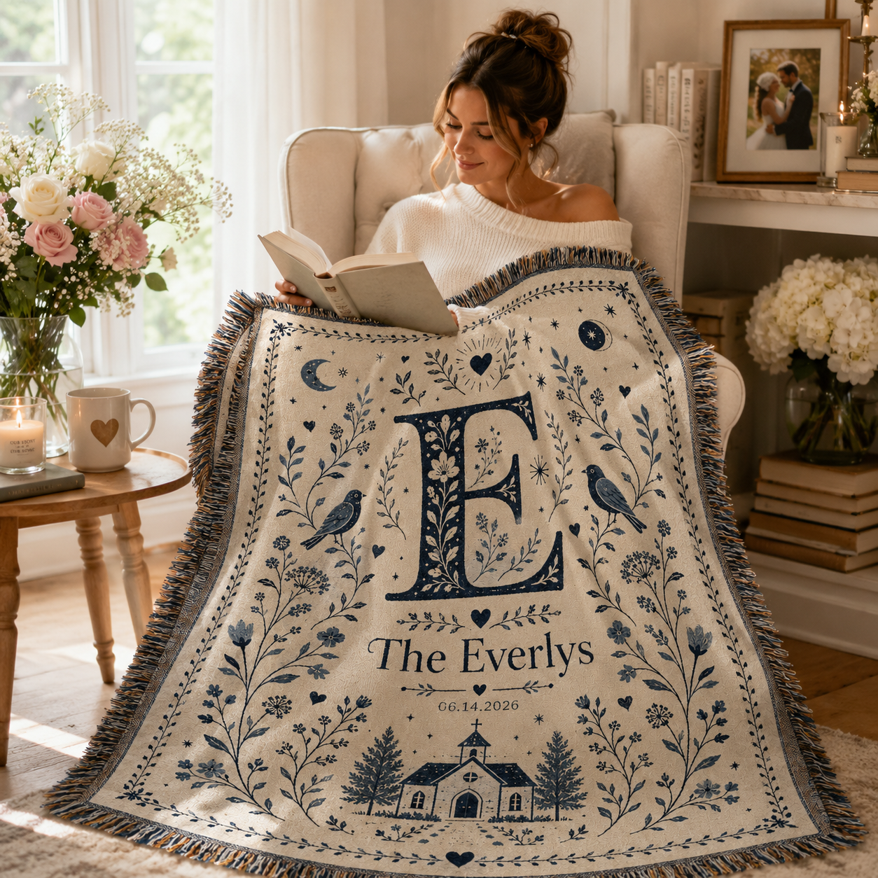 Personalized monogram wedding woven blanket used in a cozy reading nook with soft natural folds