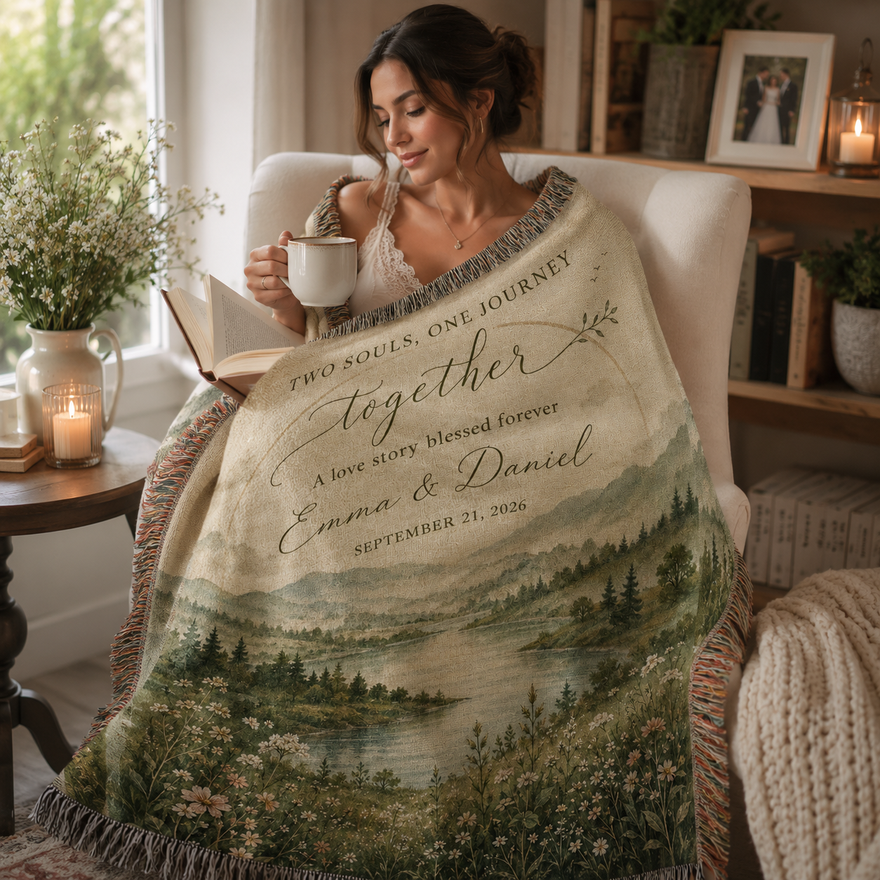 Woman relaxing in a reading nook wrapped in a personalized wedding woven blanket