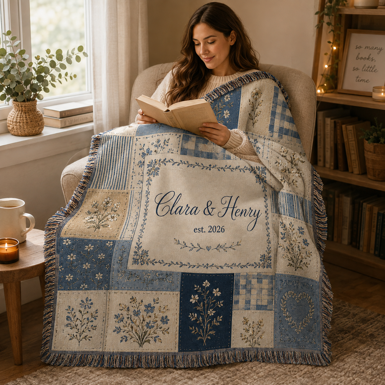 Woman reading in a cozy chair wrapped in a personalized blue floral patchwork woven wedding blanket
