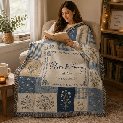 Woman reading in a cozy chair wrapped in a personalized blue floral patchwork woven wedding blanket