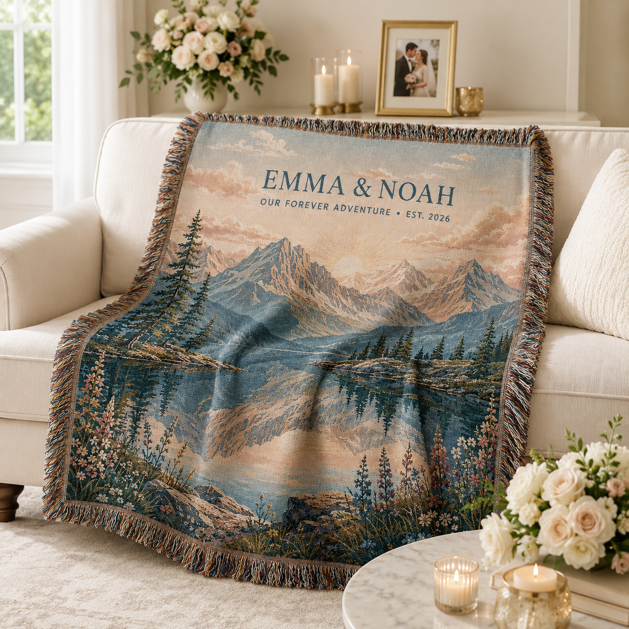 Personalized mountain wedding woven blanket softly draped on an ivory sofa