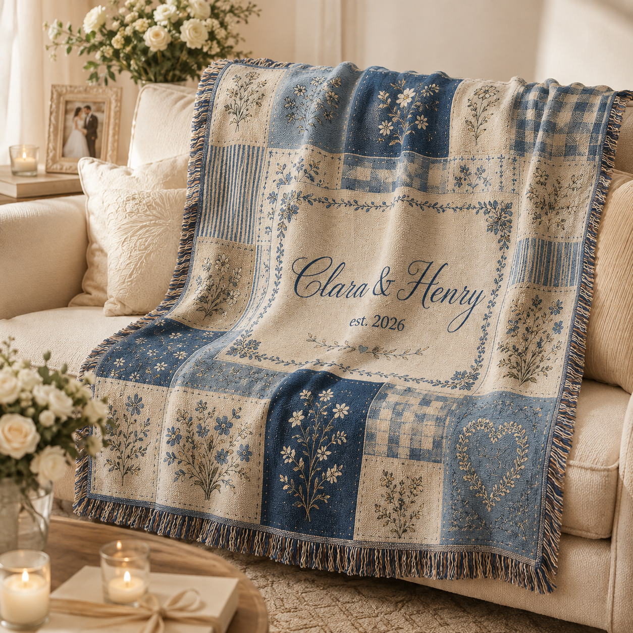 Personalized blue floral patchwork woven wedding blanket softly draped on a cream sofa