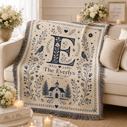 Personalized wedding woven blanket softly draped on a cream sofa with romantic wedding decor