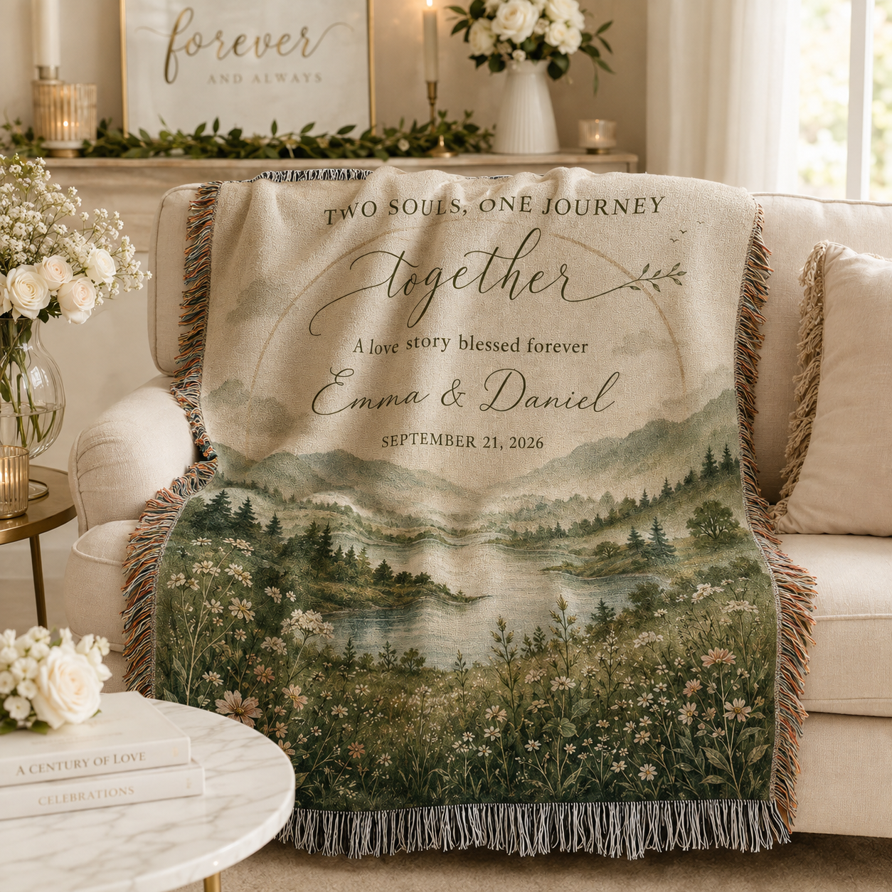 Soft personalized wedding woven blanket draped on a cream sofa in a romantic living room