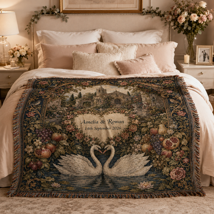 Personalized wedding woven blanket styled across a romantic neutral bedroom bed
