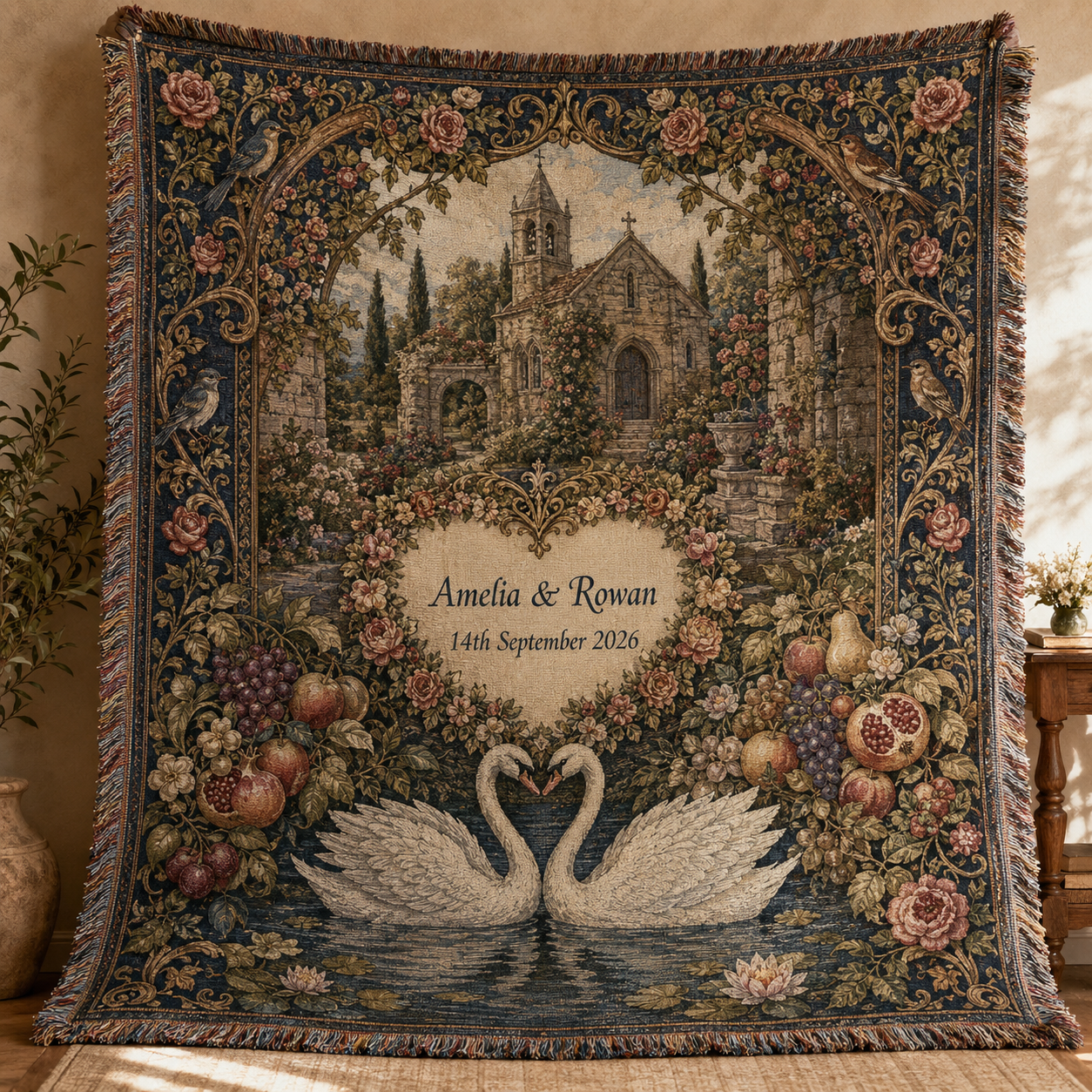 Personalized wedding woven blanket with swans, floral chapel tapestry, couple names and wedding date