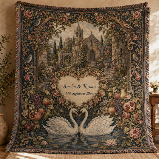 Personalized wedding woven blanket with swans, floral chapel tapestry, couple names and wedding date