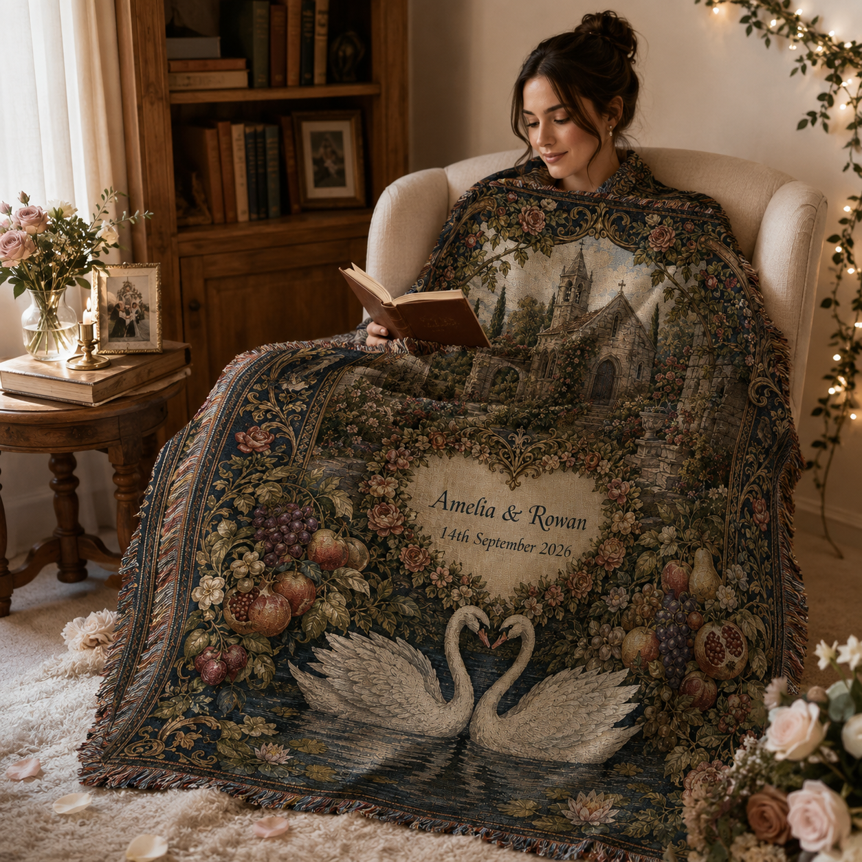 Woman reading in a cozy nook wrapped in a personalized wedding woven blanket