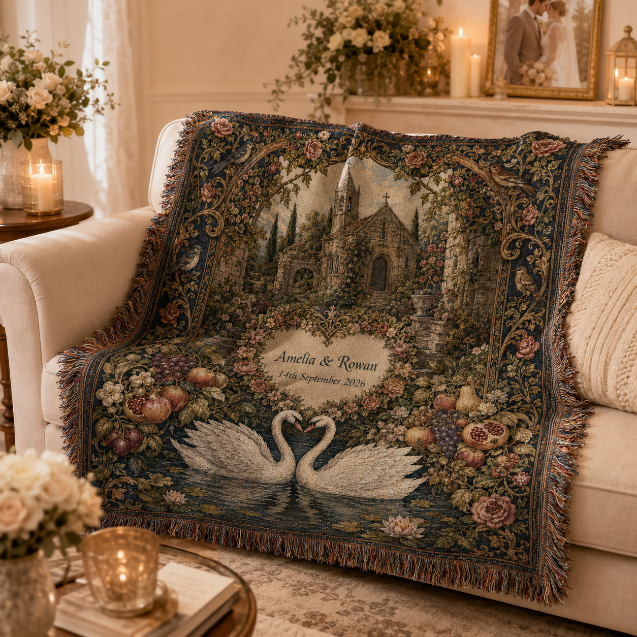 Soft personalized wedding woven blanket draped on a cream sofa with romantic wedding decor