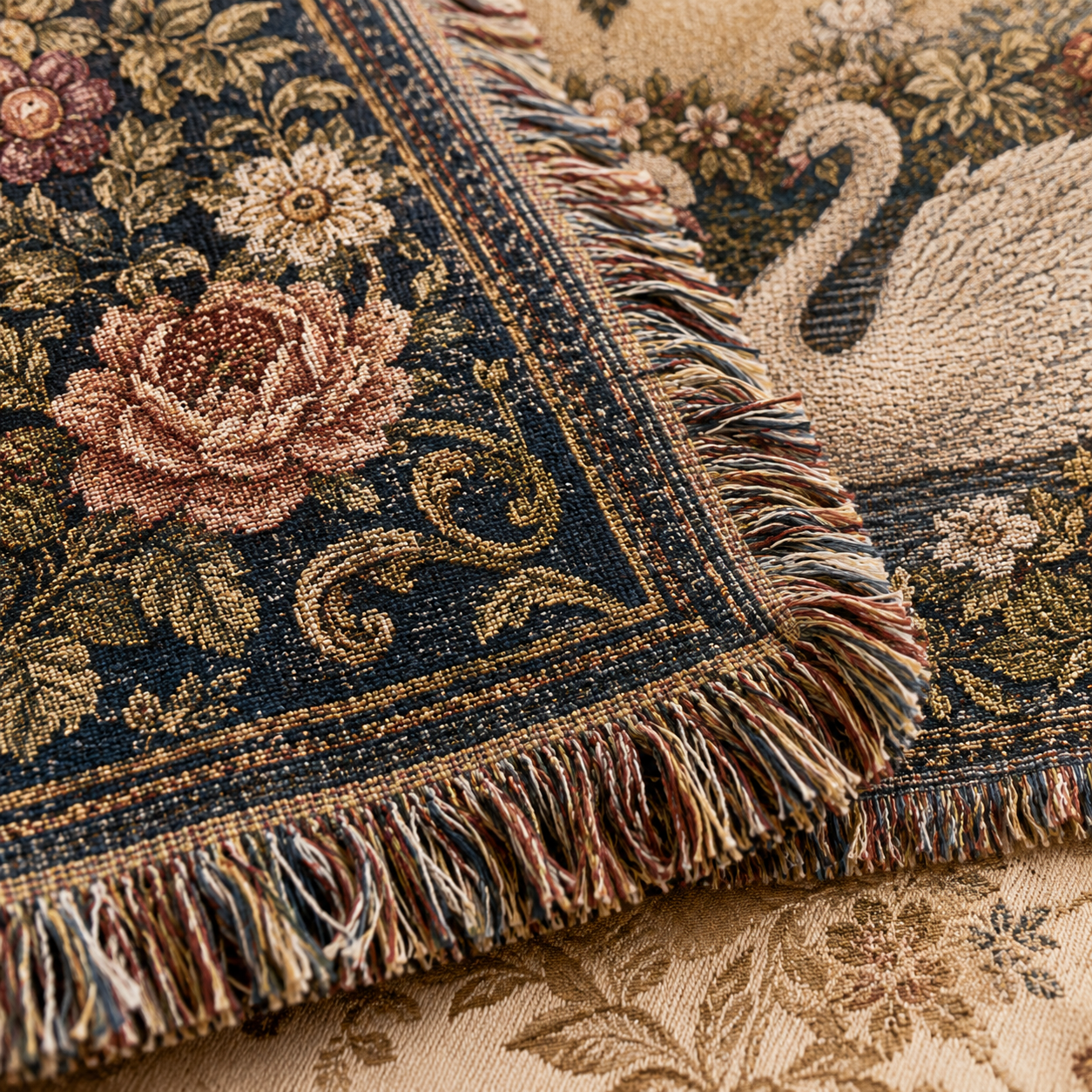 Macro close-up of woven texture and multicolor fringe on personalized wedding blanket