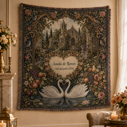 Personalized wedding woven blanket displayed as romantic swan chapel wall decor