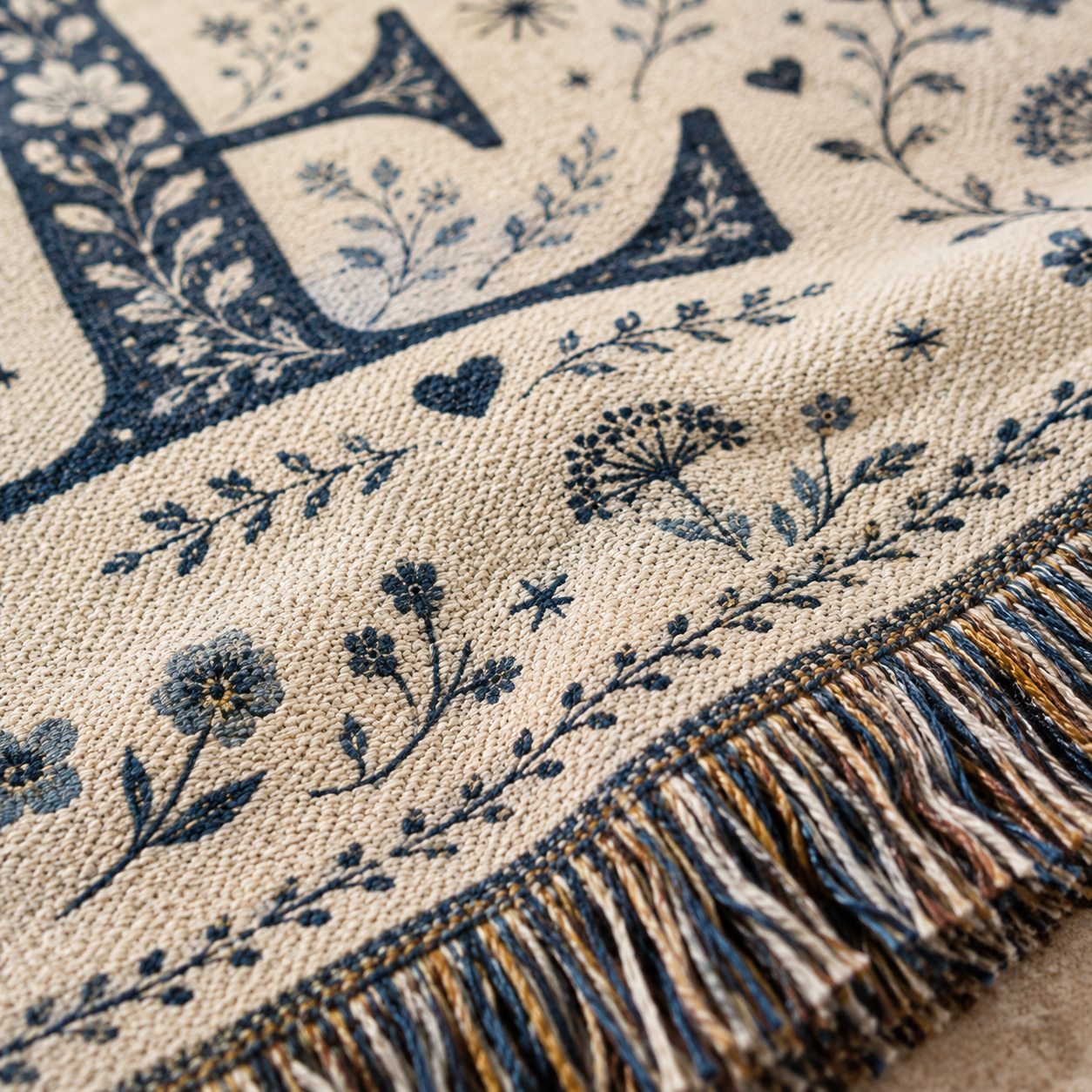 Macro close-up of personalized woven wedding blanket showing woven yarn texture and multicolor fringe