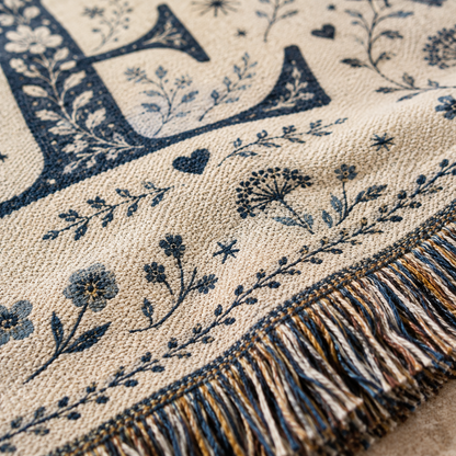 Macro close-up of personalized woven wedding blanket showing woven yarn texture and multicolor fringe