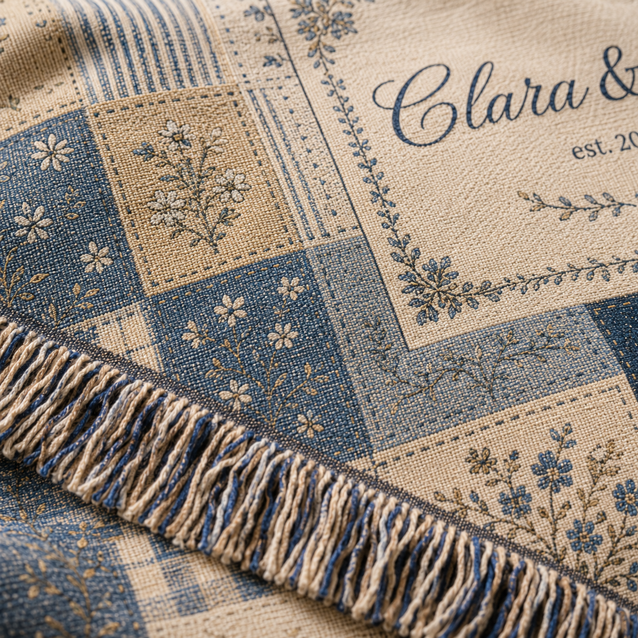 Macro close-up of personalized blue and cream woven wedding blanket showing woven texture and multicolor fringe