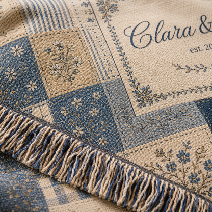 Macro close-up of personalized blue and cream woven wedding blanket showing woven texture and multicolor fringe