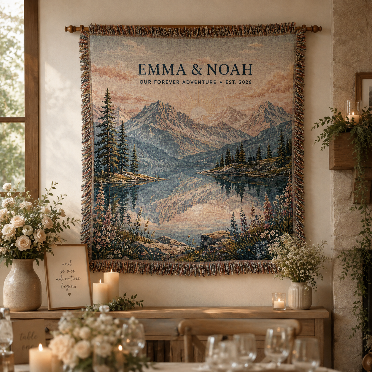 Personalized wedding woven blanket displayed as mountain landscape wall decor