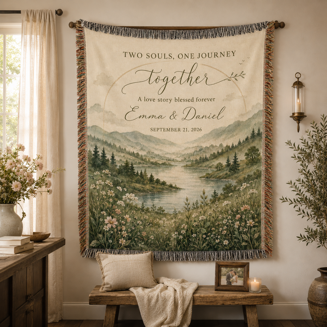 Personalized wedding woven blanket displayed as romantic wall decor with fringe edges