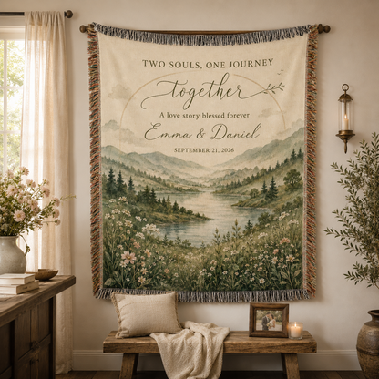 Personalized wedding woven blanket displayed as romantic wall decor with fringe edges